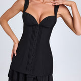 Fekete Ruffle-Trim Gombos Korsett Mini Ruha