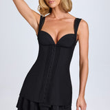 Fekete Ruffle-Trim Gombos Korsett Mini Ruha
