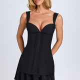 Fekete Ruffle-Trim Gombos Korsett Mini Ruha