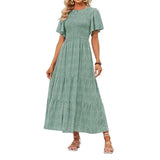 👗Női virágmintás, rövid lobogó ujjú, smockolt, magas derekú maxi ruha