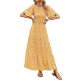 👗Női virágmintás, rövid lobogó ujjú, smockolt, magas derekú maxi ruha