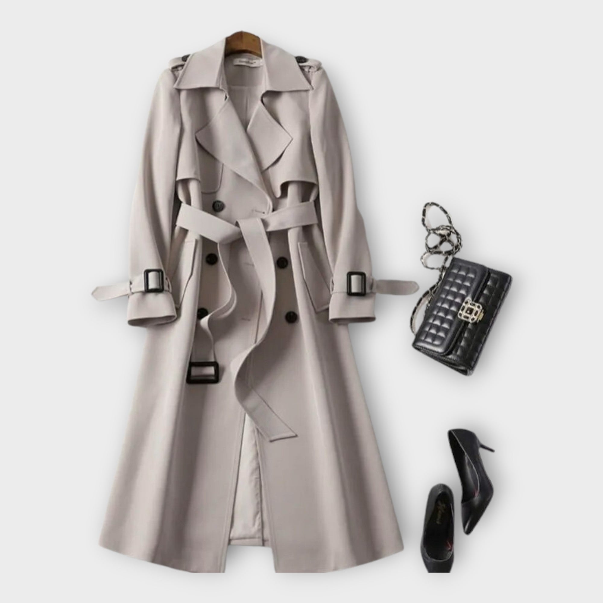 Merike | Klasszikus hosszú trench coat övvel" can be rewritten as: "Merike | Elegáns hosszú trench coat övvel