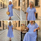 🔥👗 Csíkos ingruha hajtókával és gombokkal | Praktikus zsebekkel