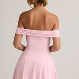 Rózsaszín off-shoulder A-vonalú mini ruha
