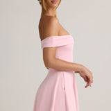 Rózsaszín off-shoulder A-vonalú mini ruha