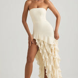Ivory Strapless Gown with Ruffle Trim