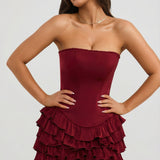 Ruffled Tiered Corset Mini Dress in Raspberry Red