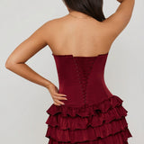 Ruffled Tiered Corset Mini Dress in Raspberry Red