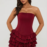 Ruffled Tiered Corset Mini Dress in Raspberry Red