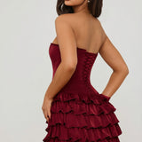 Ruffled Tiered Corset Mini Dress in Raspberry Red