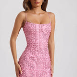 Rózsaszín Díszített Scoop-Nyakú Bodycon Mini Ruha