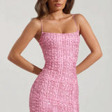 Rózsaszín Díszített Scoop-Nyakú Bodycon Mini Ruha