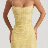 Decorative Scoop Neck Bodycon Mini Dress in Yellow