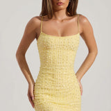 Decorative Scoop Neck Bodycon Mini Dress in Yellow