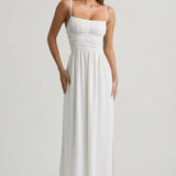 Ráncolt Fehér Camisole Maxi Ruha