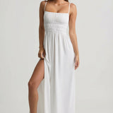 Ráncolt Fehér Camisole Maxi Ruha