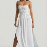 Ráncolt Fehér Camisole Maxi Ruha