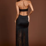 Black Maxi Dress with Fringed Plunge Neckline