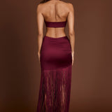 Wine Red Fringed Plunge-Neck Maxi Dress