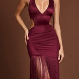 Wine Red Fringed Plunge-Neck Maxi Dress