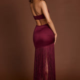 Wine Red Fringed Plunge-Neck Maxi Dress