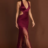 Wine Red Fringed Plunge-Neck Maxi Dress