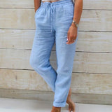 🔥[S-2XL]🍃👖 Női rugalmas derékú pamut-len széles szárú nadrág