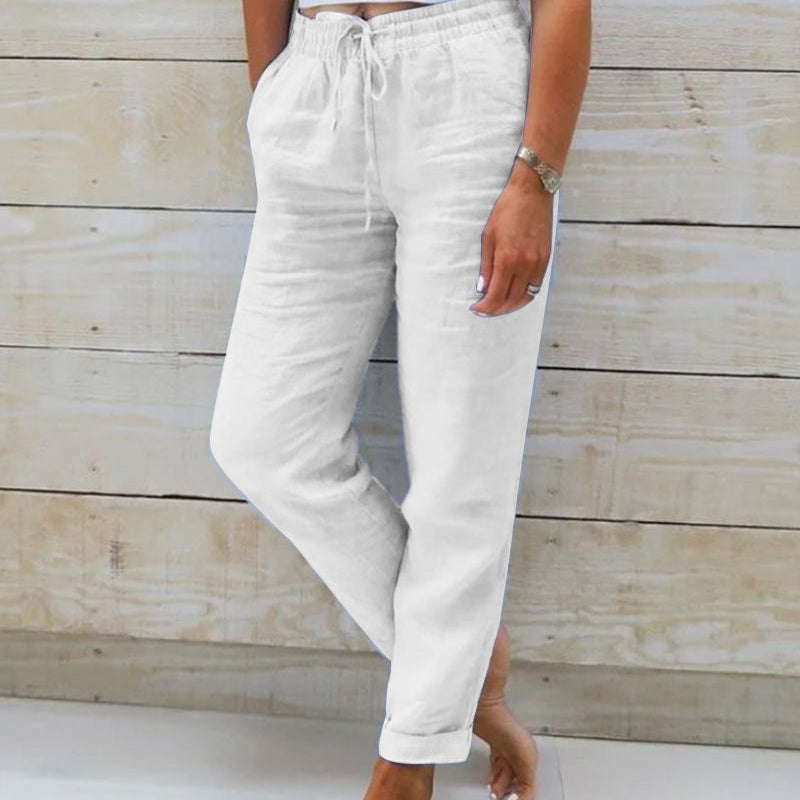 🔥[S-2XL]🍃👖 Női rugalmas derékú pamut-len széles szárú nadrág