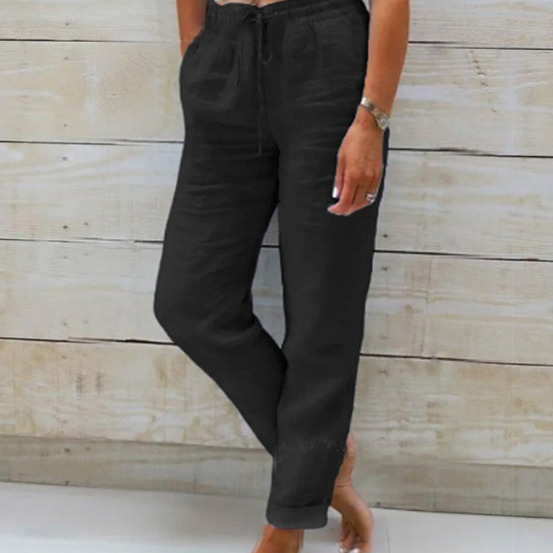 🔥[S-2XL]🍃👖 Női rugalmas derékú pamut-len széles szárú nadrág