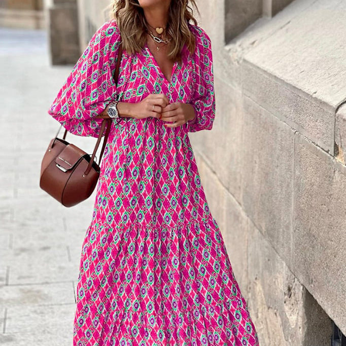 💖 Női Elegáns Virágos Boho Maxi Ruha Puffos Ujjakkal 👗