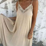 🌸💐 Női elegáns V-nyakú, csipke szegélyes spagettipántos maxiruha