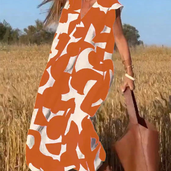💕Ujjatlan, mintás ruha V nyakkivágással