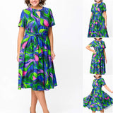 🌈Női Rövid Ujjú, Derekú Nyomtatott Midi Ruha (S-4XL)
