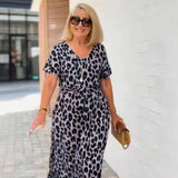 【S-3XL】💃Női Leopárd Mintás V-nyakú Hosszú Ruha Övvel