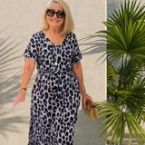 【S-3XL】💃Női Leopárd Mintás V-nyakú Hosszú Ruha Övvel