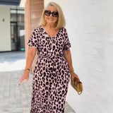 【S-3XL】💃Női Leopárd Mintás V-nyakú Hosszú Ruha Övvel