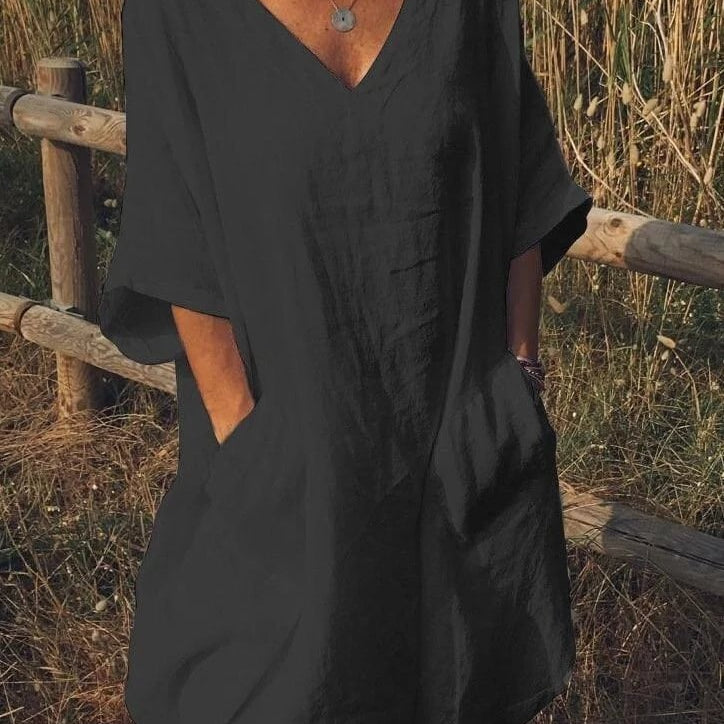 Egyszínű, plus size V-nyakú, háromnegyedes ujjú, zsebes ruha