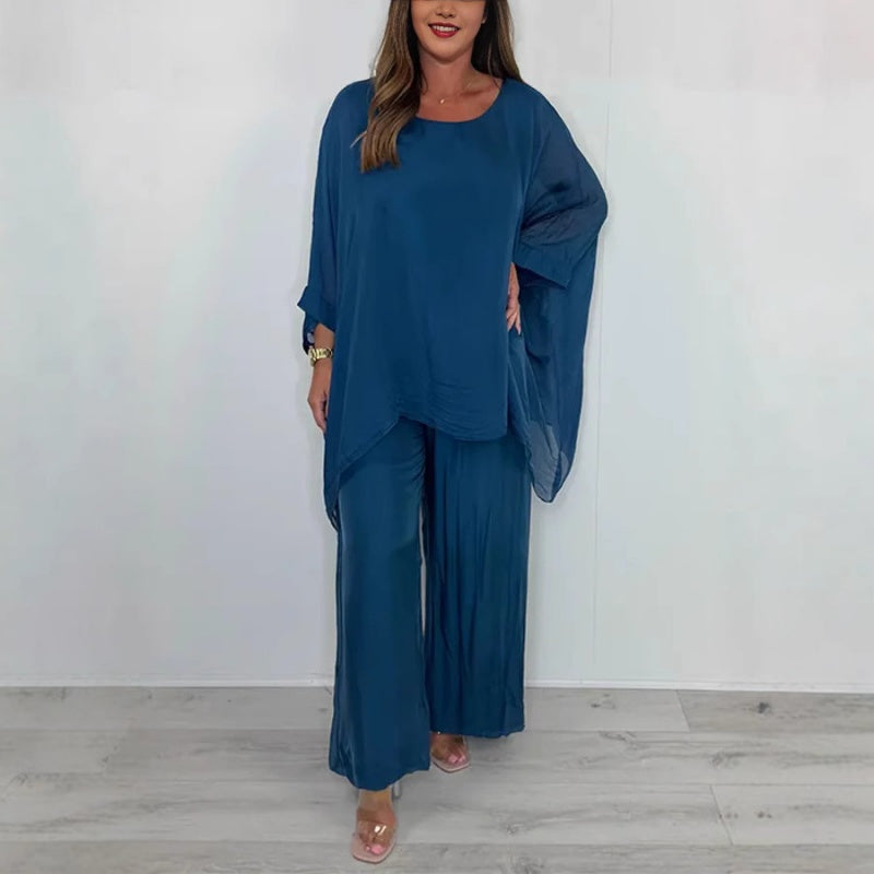 Elegáns sifon alkalmi szett széles szárú nadrággal