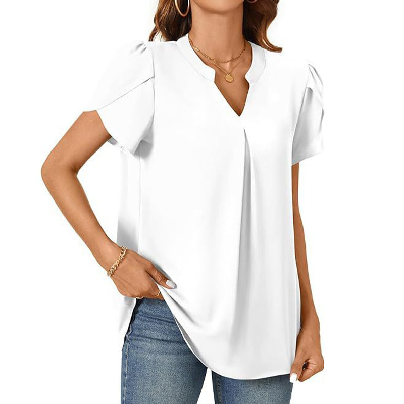 【M-2XL】💖👚Női V-nyakú Egyszínű Rövid Ujjú Blúz