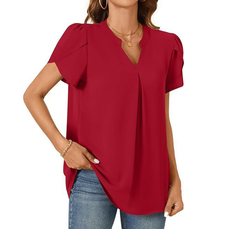 【M-2XL】💖👚Női V-nyakú Egyszínű Rövid Ujjú Blúz
