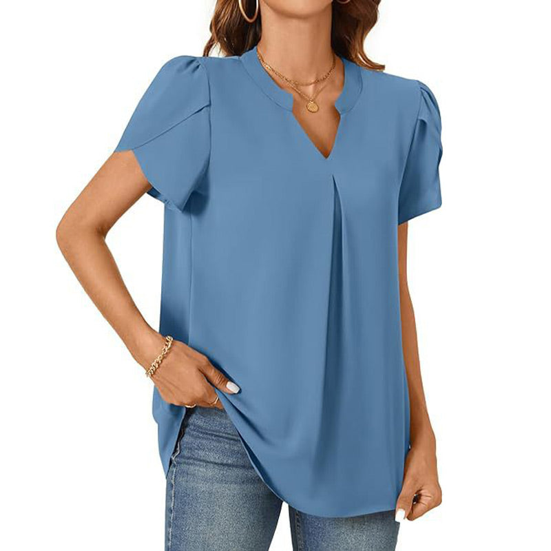 【M-2XL】💖👚Női V-nyakú Egyszínű Rövid Ujjú Blúz