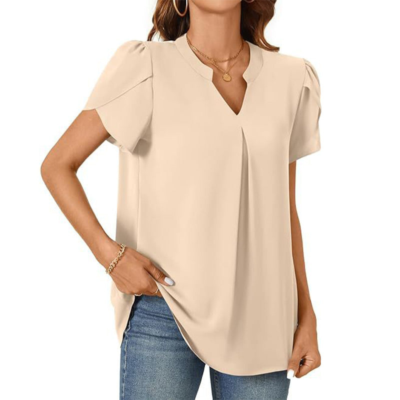 【M-2XL】💖👚Női V-nyakú Egyszínű Rövid Ujjú Blúz