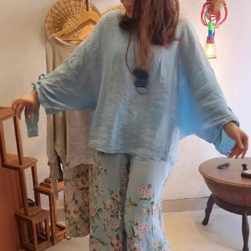 👗Női bő blúz és virágmintás, széles szárú nadrág szett