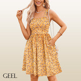 Női nyári ruhák, hétköznapi virágmintás, négyzet alakú nyakkivágású, zsebes ruhák