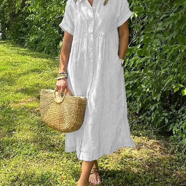 🔥👗 Csíkos ingruha hajtókával és gombokkal | Praktikus zsebekkel