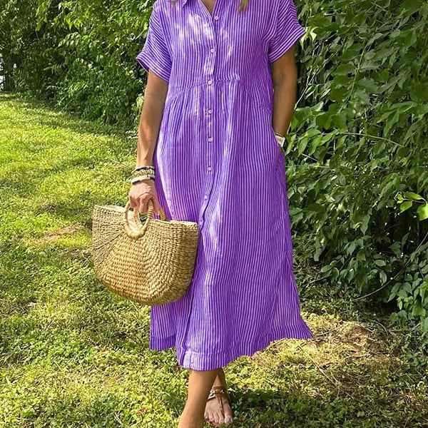 🔥👗 Csíkos ingruha hajtókával és gombokkal | Praktikus zsebekkel
