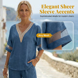 Elegáns V-nyakú blúz és bő szárú nadrág szett