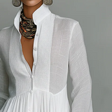 👗 40% KEDVEZMÉNY! ✨ Elegáns Plisszírozott Fehér Maxi Ruha Magas Nyakkal