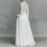 👗 40% KEDVEZMÉNY! ✨ Elegáns Plisszírozott Fehér Maxi Ruha Magas Nyakkal