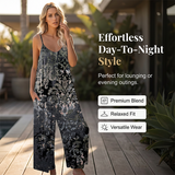 Női széles szárú jumpsuit, spagettipántos, nyomott mintával